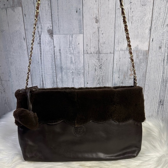 FENDI fur and soft leather clutch bag in coffee brown - Picture 12 of 16